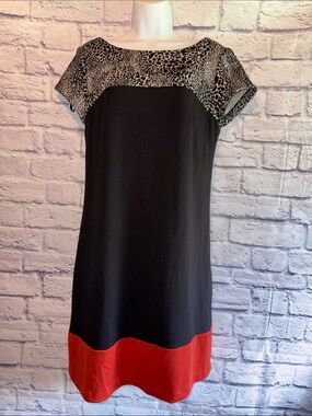 Jessica Howard Black Dress with Leopard Yoke and Red Hem